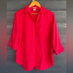 Chicos Women Size 2 L-XL Linen Shirt Red Button Up Blouse Casual Classic Coastal